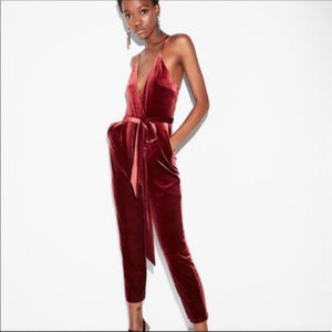 Express Petites Red Velvet Jumpsuit